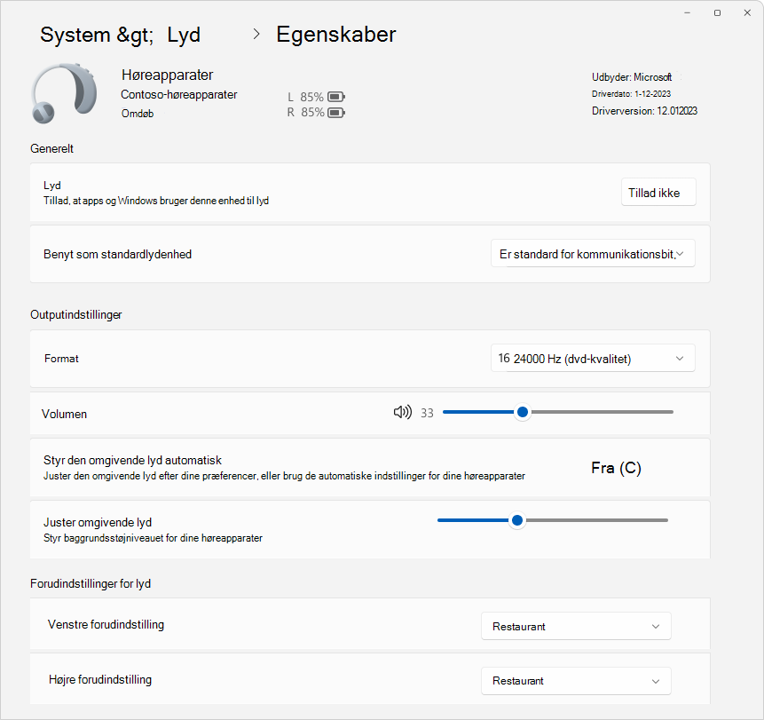 Skærmbillede af Indstillinger > System > Lyd > Egenskaber, der viser nogle indstillinger til konfiguration af en høreapparatenhed.