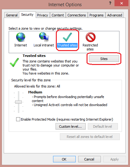 On the "Security" tab, select the Trusted sites zone and then click the Sites button.
