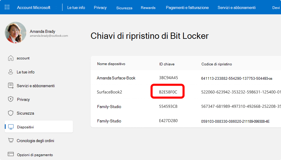 Screenshot delle chiavi di ripristino di BitLocker per un account Microsoft.