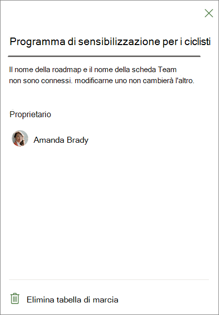 Screenshot che mostra le impostazioni della scheda Roadmap, evidenziando Elimina roadmap nella parte inferiore