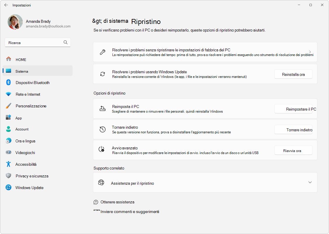 Screenshot di Impostazioni - Sistema - Ripristino.