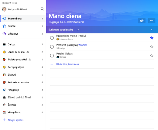 Ekrano kopija, kurioje matyti "Microsoft To-Do" sąrašo šoninė juosta ir sąrašas Mano diena