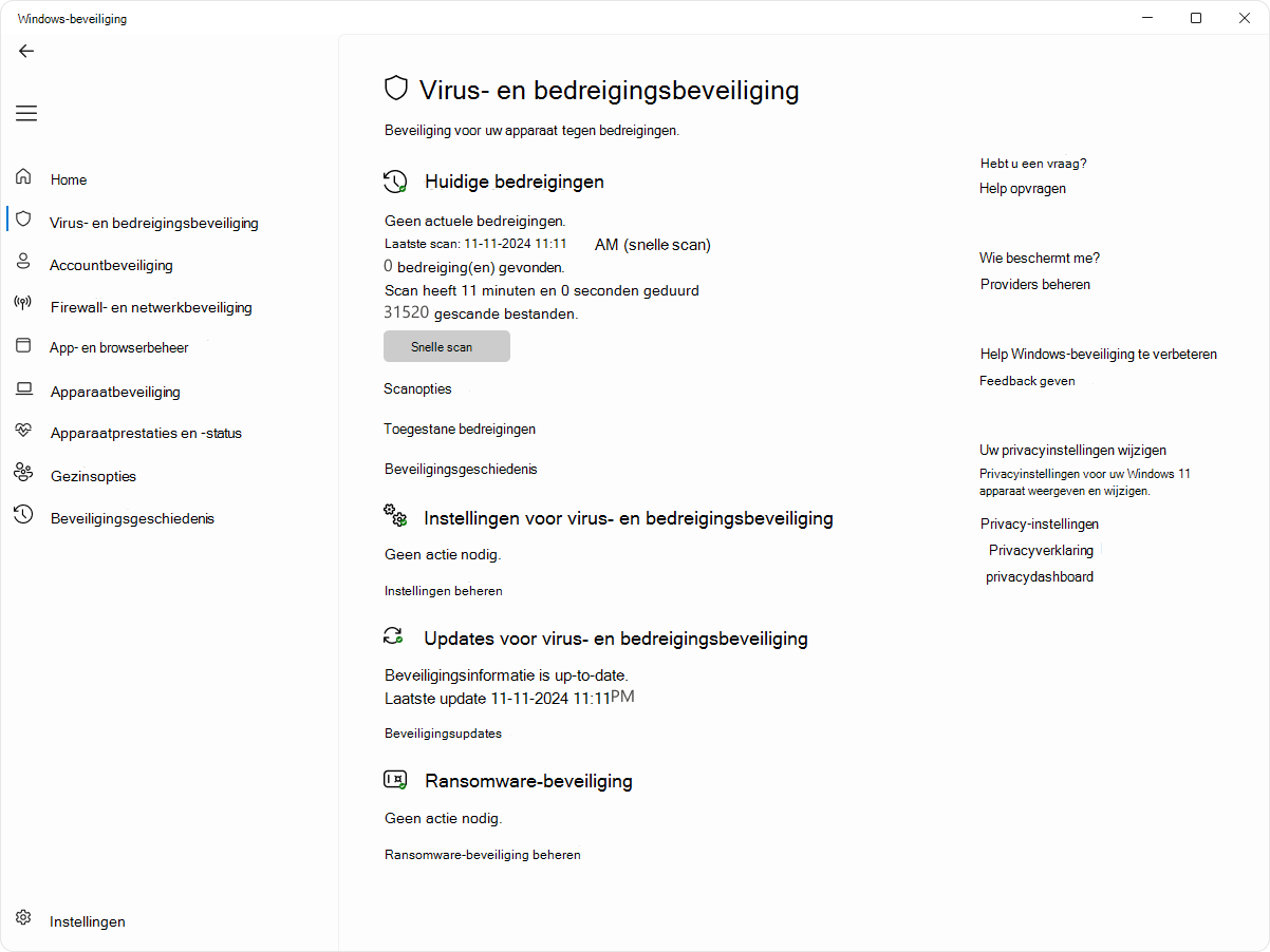 Schermopname van de pagina virus- en bedreigingsbeveiliging van de Windows-beveiliging-app.