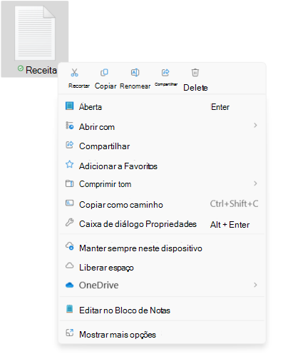 Captura de tela do menu contextual do arquivo mostrando as novas opções de recortar/copiar/renomear/compartilhar/excluir.