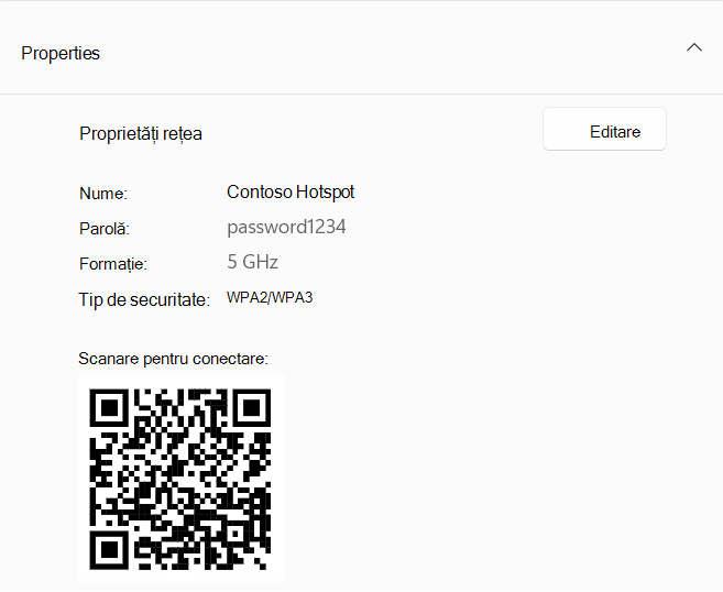 Captură de ecran a unui cod QR utilizat pentru conectarea la un dispozitiv Windows care acționează ca hotspot.