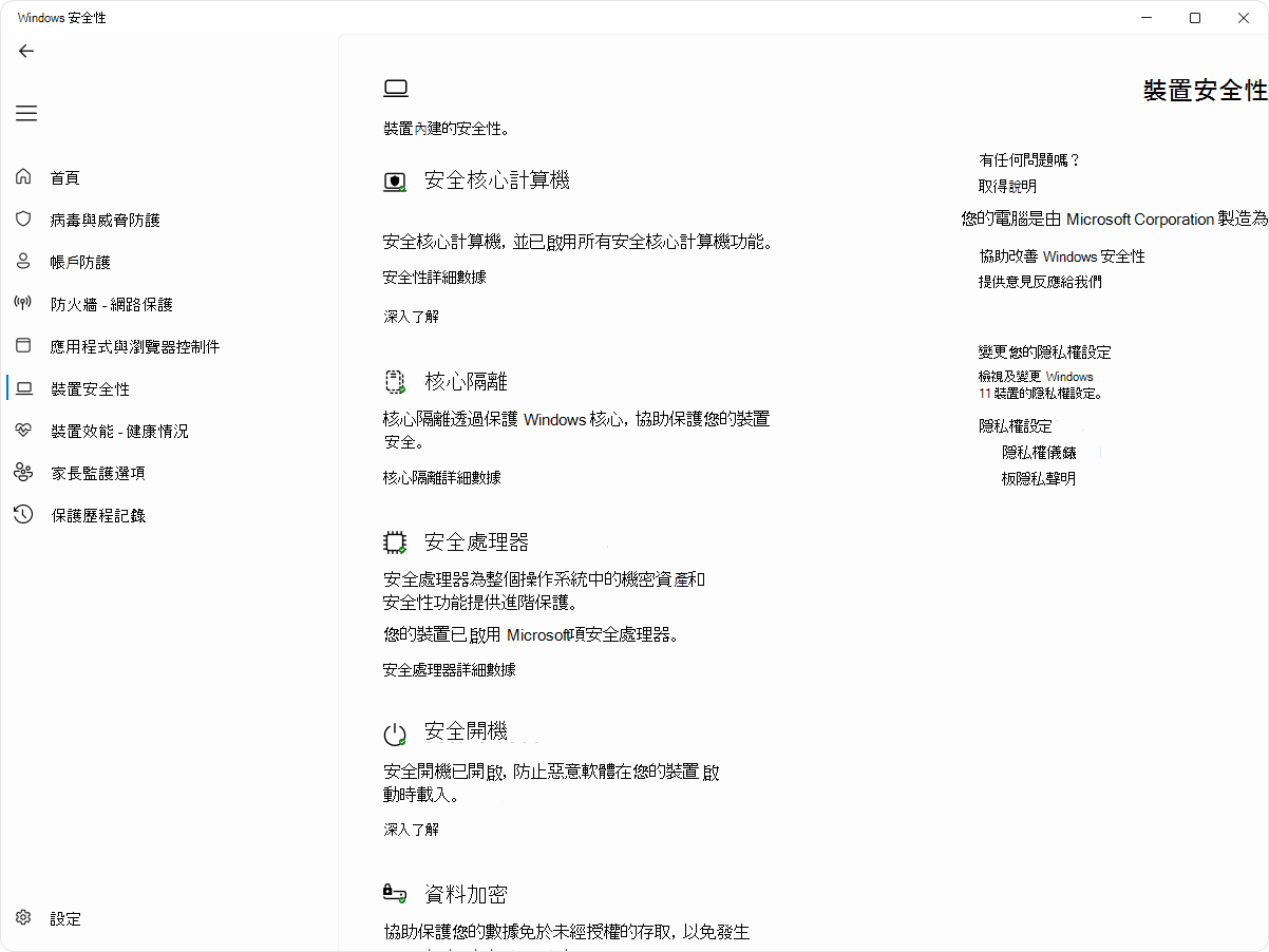 Windows 安全性 應用程式中裝置安全性畫面的螢幕快照。